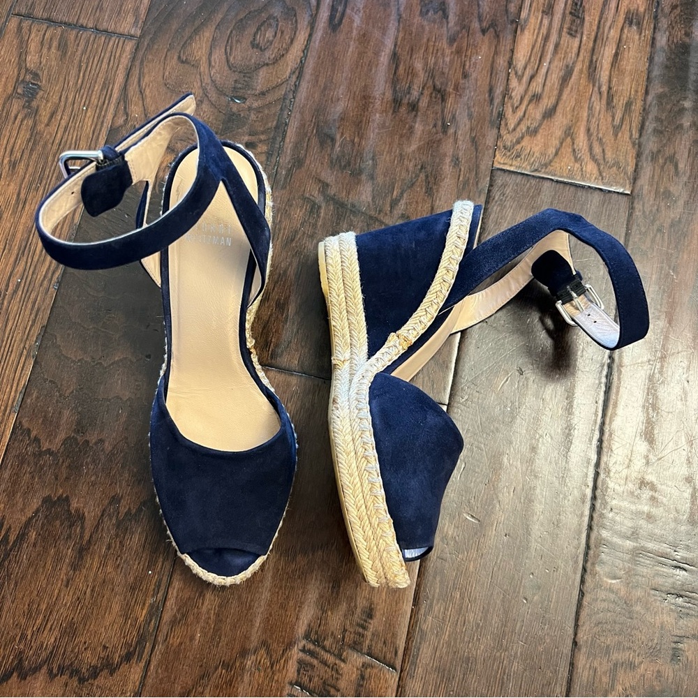 Stuart Weitzman Elegant Navy Espadrille Wedges